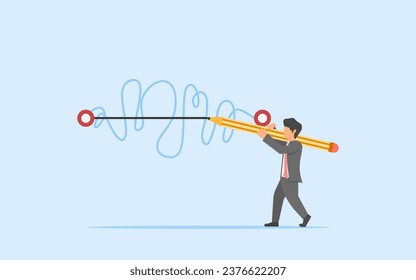 Looking for the easiest way to achieve goals in order to win the competition in business. Shortcut on difficult routes. businessman makes a straight path on a winding road map