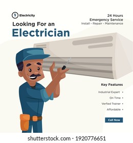 Looking for an electrician banner design for social media. Electrician fixing the air conditioner. Vector graphic illustration.