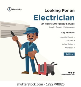 Looking for an electrician banner design for social media. Electrician cleaning ac with a vacuum cleaner. Vector graphic illustration.