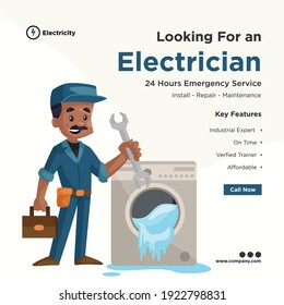 Looking for an electrician banner design for social media. Electrician holding tools and repairing a washing machine. Vector graphic illustration.