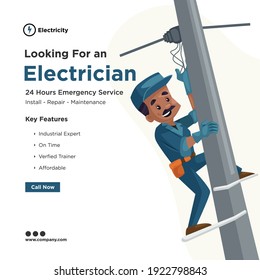 Looking for an electrician banner design for social media. Electrician fixing wires of an electric pole. Vector graphic illustration.  