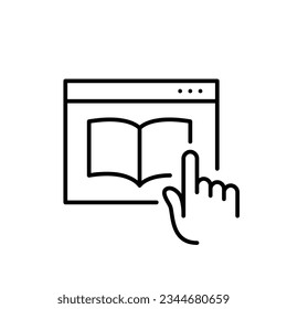 Looking for electronic book in e-library. Finger touching touchscreen. Pixel perfect, editable stroke