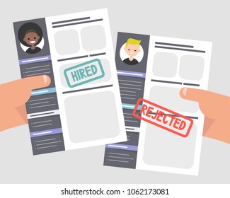 Looking for an employee. Comparing two CVs. Hands holding portfolios of two candidates. Competition. Flat editable vector illustration, clip art