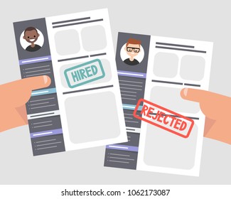 Looking for an employee. Comparing two CVs. Hands holding portfolios of two candidates. Competition. Flat editable vector illustration, clip art