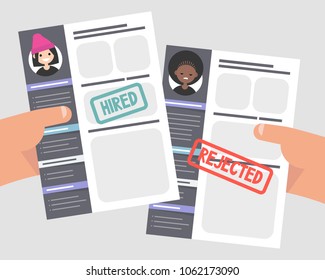 Looking for an employee. Comparing two CVs. Hands holding portfolios of two candidates. Racism at work. Competition. Flat editable vector illustration, clip art