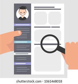Looking for an employee. CV template. HR holding a magnifying glass. Personal information. Skills and experience. Flat editable vector illustration, clip art