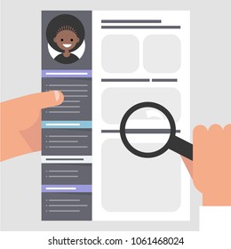 Looking for an employee. CV template. HR holding a magnifying glass. Personal information. Skills and experience. Flat editable vector illustration, clip art