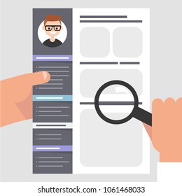 Looking for an employee. CV template. HR holding a magnifying glass. Personal information. Skills and experience. Flat editable vector illustration, clip art