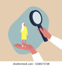 Looking for employee, HR management metaphor - female character scaled up under a magnifying glass