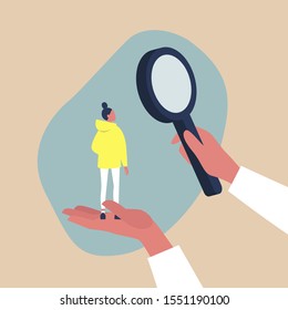 Looking for employee, HR management metaphor - a female  character scaled up under a magnifying glass