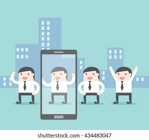Looking for employee, promotion, survey, career, online job by smart phone. Flat design for business financial marketing banking advertising commercial event minimal concept cartoon illustration.