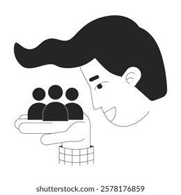 Looking for employees black and white 2D illustration concept. Team appreciation. Recruitment. Caring leadership. HR manager man unity hand outline character isolated. Metaphor monochrome vector art