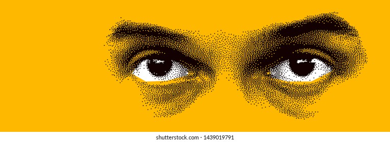 Looking eyes 8 bit dotted design style vector abstraction, human face stylized design element, black and yellow colors.