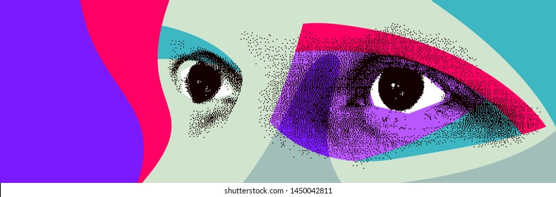 Looking eyes 8 bit dotted design style vector abstraction, human face stylized design element, with colorful splats.