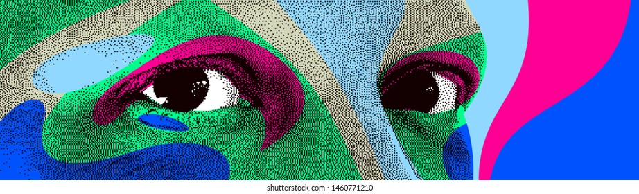 Looking eyes 8 bit dotted design style vector abstraction, human face stylized design element, with colorful splats.