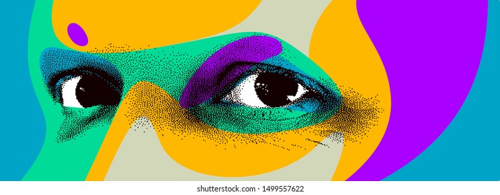 Looking eyes 8 bit dotted design style vector abstraction, human face stylized design element, with colorful splats.