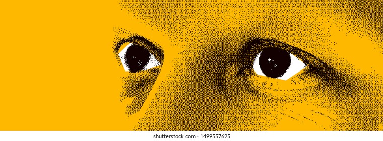 Looking eyes 8 bit dotted design style vector abstraction, human face stylized design element, black and yellow colors.