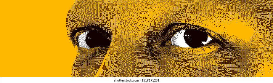 Looking eyes 8 bit dotted design style vector abstraction, human face stylized design element, black and yellow colors.