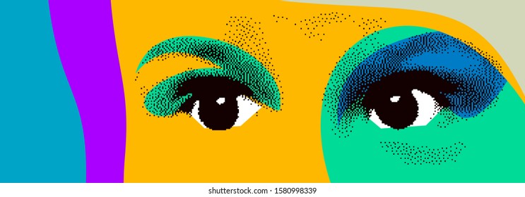 Looking eyes 8 bit dotted design style vector abstraction, human face stylized design element, with colorful splats.