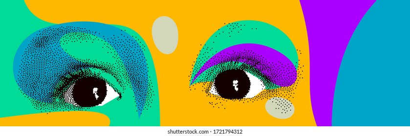 Looking eyes 8 bit dotted design style vector abstraction, human face stylized design element, with colorful splats.