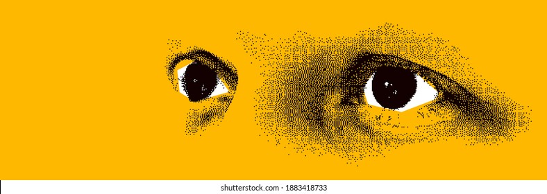Looking eyes 8 bit dotted design style vector abstraction, human face stylized design element, black and yellow colors.