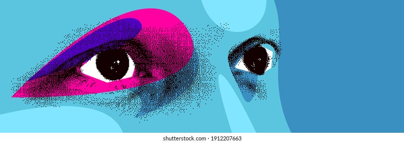 Looking eyes 8 bit dotted design style vector abstraction, human face stylized design element, with colorful splats.