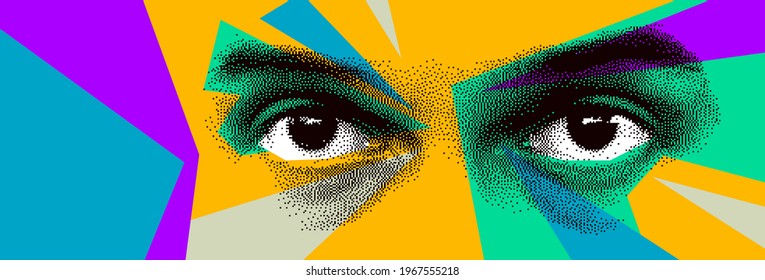 Looking eyes 8 bit dotted design style vector abstraction, human face stylized design element, with colorful splats.