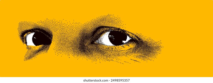 Mirando a los ojos 8 bit punteado estilo de diseño abstracción de Vector, cara humana elemento de diseño estilizado, colores negro y amarillo.