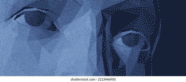 Looking Eyes. Close-up Portrait Of A Man. Digital Vision. Security Technology And Surveillance. Pixel Art. 3D Vector Illustration.