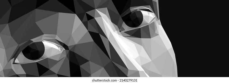 Looking eyes. Close-up portrait of a man. Digital vision. Security technology and surveillance. 3D vector illustration.