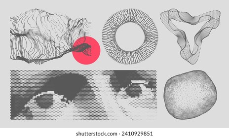 Mirando los ojos. Visión digital. Tecnología de seguridad y vigilancia. Composición artística con formas geométricas. Matriz con partículas dinámicas de partículas pequeñas en círculo. Cuadrícula molecular. Ilustración del vector