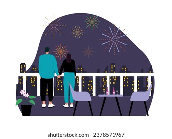 Looking at the fireworks party from the cafe balcony, young couple holding hands romantically, nightlife vector illustration.