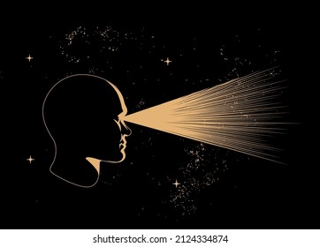 Looking forward or looking ahead or planning or human vision concept illustration with human head silhouette and rays coming out from eyes on black starry background. Vector illustration