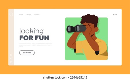 Looking for Fun Landing Page Template. Little Boy Look in Binoculars, Kid Peeking Out Of Green Square Frame. Child Look from the Hole, Preteen Character Face. Cartoon People Vector Illustration