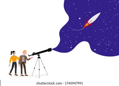 Looking To The Future, Concept. Two People Looking Through A Telescope, Space And A Rocket