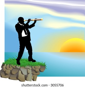 Looking to the future.  Conceptual piece. A business man looking through a telescope at new horizons.