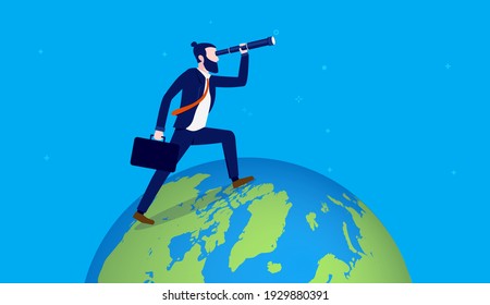 Looking for global business - Businessman standing on planet earth with binocular, looking for opportunities. Vector illustration. 