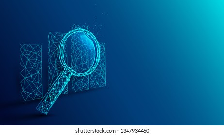 Looking at growth chart with magnifying glass from lines, triangles and particle style design. Illustration vector