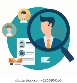 Looking at head through magnifying glass. Concept of analytical thinking, statistical analysis, business analytics. Modern flat colorful vector illustration. Stock vector illustration.