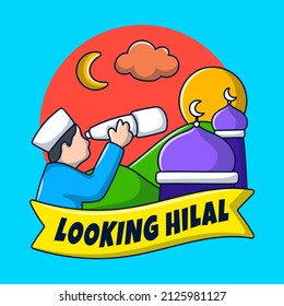 Looking hilal illustration with hand drawn of muslim men, mosque, moon and binocular