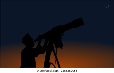 looking hilal, illustration of sighting the moon, the first visible moon for muslim celebration, looking moon with telescope