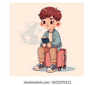 Procurando inspiração para viagens de férias? Confira este delicioso menino de desenho animado sentado na ilustração de bagagem para o seu próximo projeto criativo!