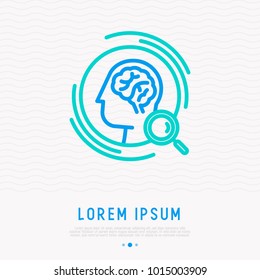 Looking at human brain through magnifier thin line icon. Modern vector illustration of MRI, neurology, psychology survey.