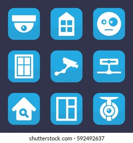 looking icon. Set of 9 filled looking icons such as window, Security camera, surprised emot, home search