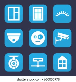 Looking icon. set of 9 filled looking icons such as window, eyelashes, security camera, surprised emot, spy camera