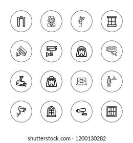 Looking icon set. collection of 16 outline looking icons with arab man, cctv, fitting room, guide, metal detector, pensive, security cam, spy icons.