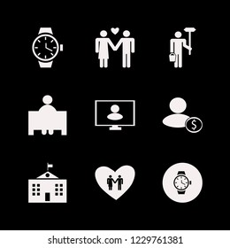 looking icon. looking vector icons set watch, university campus, man with paint roller and bucket and man woman love