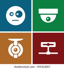 looking icons set. Set of 4 looking filled icons such as surprised emot, spy camera, security camera
