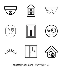 Looking icons. set of 9 editable outline looking icons such as window, eyelashes, security camera, surprised emot