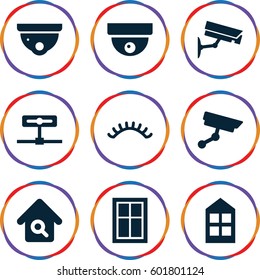 looking icons set. Set of 9 looking filled icons such as window, eyelashes, security camera, home search